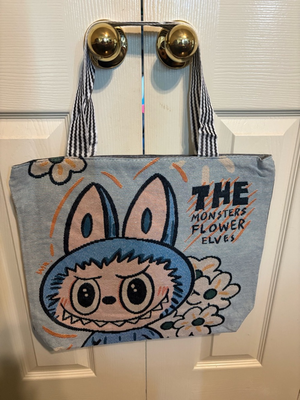 Labubu Flower Embroidered Tote Bag in Light Blue and Pink